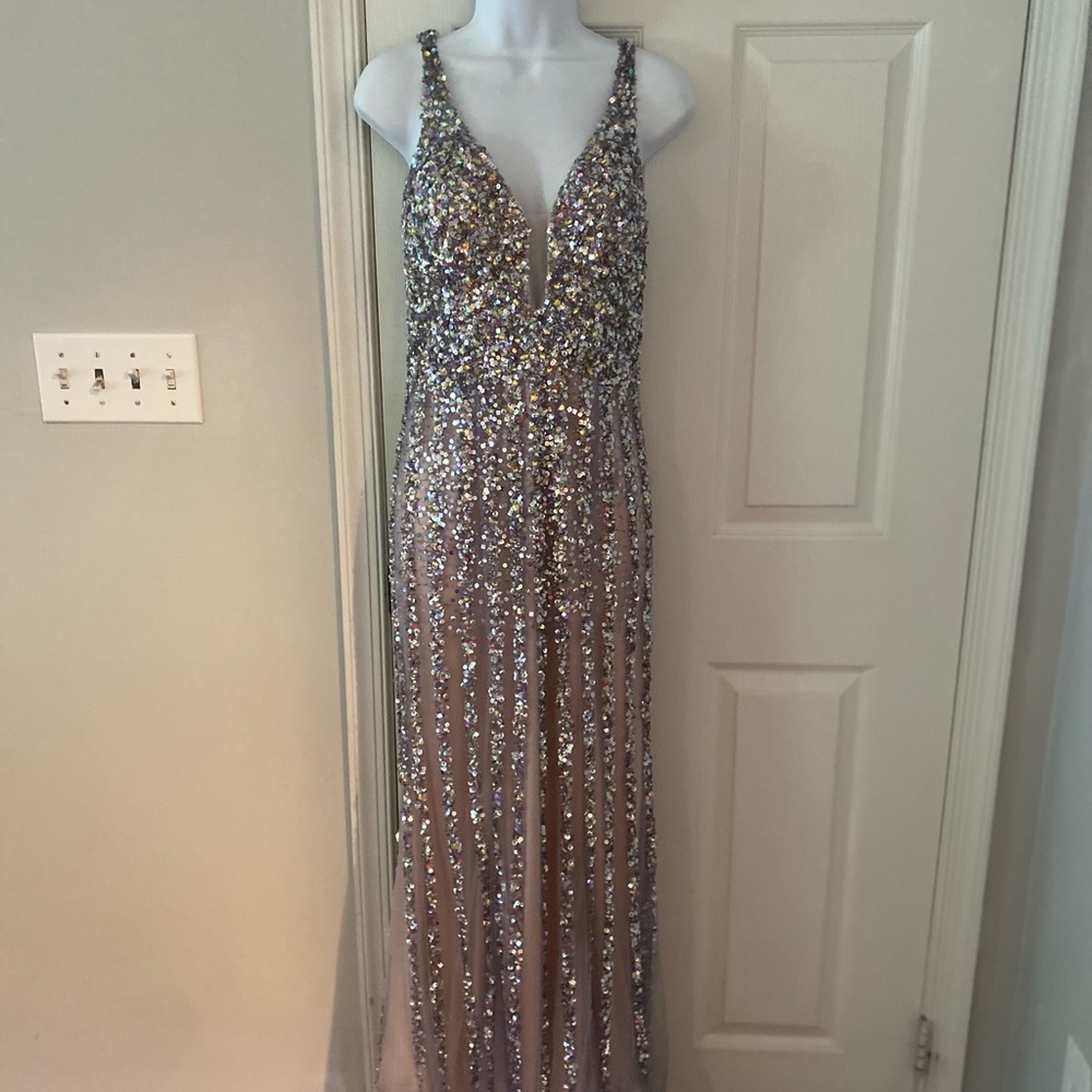 Dave & Johnny Silver Sequin Prom Dress